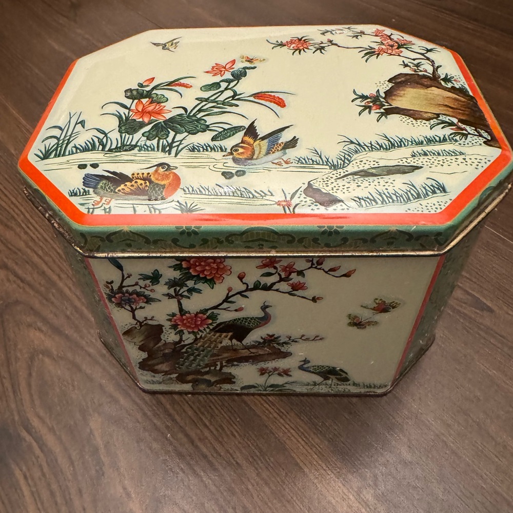 Vintage Octagonal Decorative Tin Box with Bird Motif